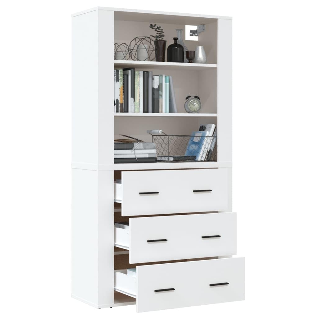 Biała komoda z materiału drewnopochodnego z dużą ilością miejsca do przechowywania, kredens i nadstawką, 80 x 33 x 150 cm, nowoczesny regał do salonu, komoda i szafka do przechowywania