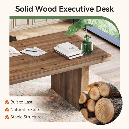 63" Solid Wood Home Office Desk, Farmhouse Large Executive Computer Desk with Sturdy Wooden Legs, Study Writing Table Business Workstation with Spacious Tabletop, Rustic Dark Brown - Image 5