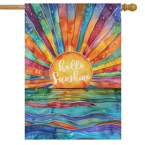 Hello Sunshine House Flag 28x40 Inch Double Sided Outside Stained Glass Style Sunrise Large Yard Flag for Summer Party Holiday Outdoor Decoration