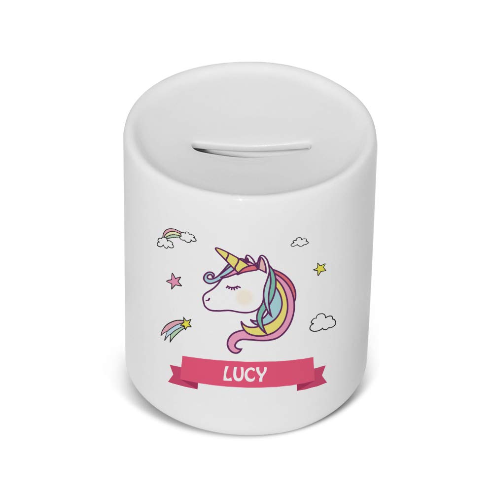 Active Decor PERSONALISED Printed Ceramic, children’s Piggy Bank/Money Saving Box Rainbow Unicorn Design
