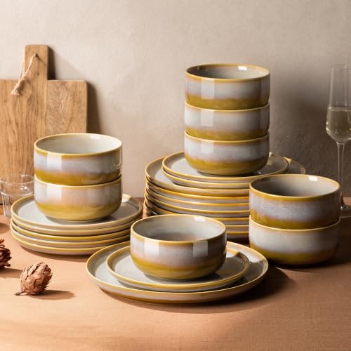 Image of TheTerra Ceramic Dinnerware Sets for 8, 24 Pieces Handmade Reactive Glaze Plates and Bowls Set, Scratch Resistant Dish Set, Oven & Microwave & Dishwasher Safe, Autumn Haze