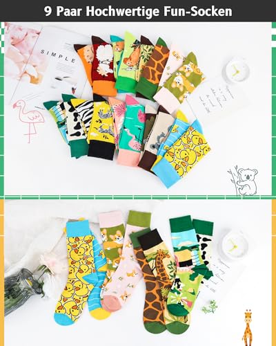 BTONGE 9 Paar Lustige Socken Damen 39-42, Witzige Tier Blume Botanisch Bunte Socken Damen Herren mit Motiv, Lässig baumwollsocken, Atmungsaktiv Baumwolle Crew Socks