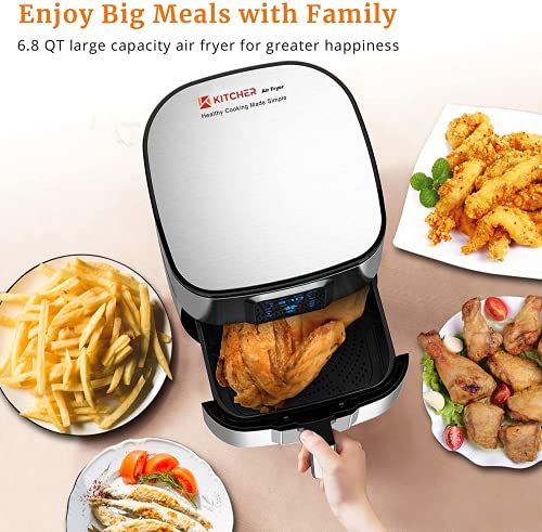 Kitcher 6.8Qt Air Fryer, Hot Air Fryer With 8 Cooking Functions Temperature Timer Control Led Touch Screen 50 Recipes, Stainless Steel Silver #TOP7