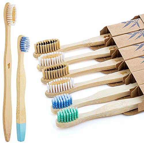 Bestylez 6 Family Pack Bamboo Toothbrushes, Medium Bristle & Extra Soft Toddler Spiral Bristle, Natural Wooden Biodegradable Toothbrushes