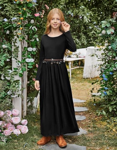 21KIDS Girls Maxi Dress Kids Solid Long Sleeve Casual Dresses with Pockets for Girls 6-12 Years4