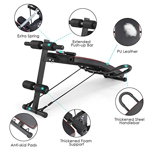 OKVAC Multi-Functional Sit Up Bench, Decline Press Bench, Foldable Slant Bench,W/4 Adjustable Height, Handlebar, Spring, Elastic Rope,for Home Gym Abdominal Fitness Exercises Workout, Max Load 450LBS