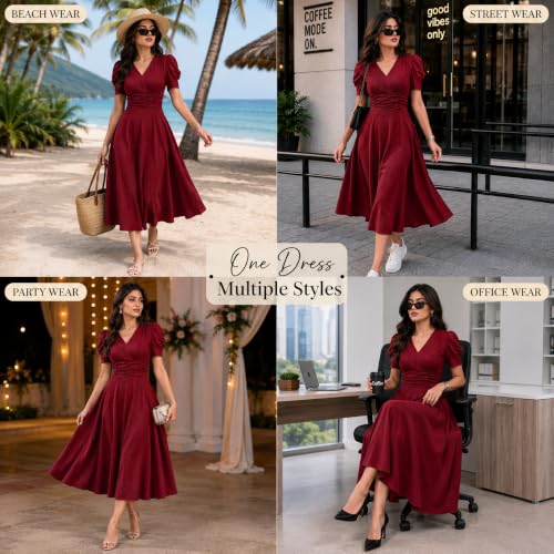Image of Preneum Girl's & Women's Solid Color V-Neck A-Line Maxi Dress for Women | New Year Party Outfit | Waist Cinched Puff Sleeve Western | Elegant Casual Wear (Availble in Plus Size)