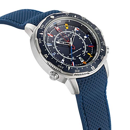 Close-up of Nautica Soledad South Watch dial, showing temperature indicator and signal flag indexes.