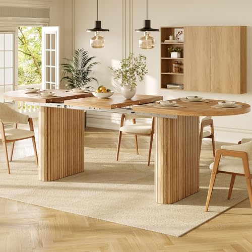 VS VanShine Mesa de cocina multifunción, mesa extensible de 120 a 160 cm, mesa ovalada de madera con estructura vertical, soporta hasta 60 kg, color marrón
