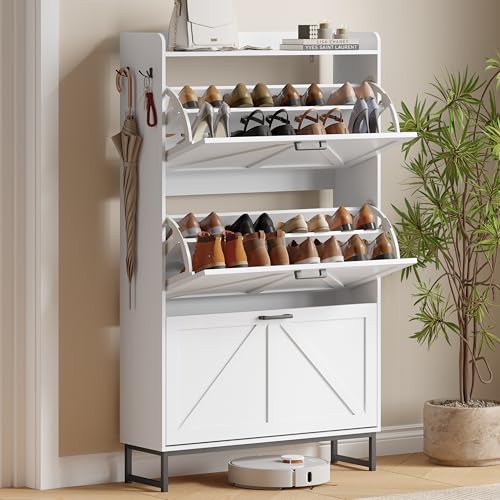 Image of Shoe Cabinet with 3 Flip Drawers, Freestanding Hidden Shoe Storage Organizer for Entryway, Narrow Slim Shoe Rack Cabinet with Open Storage & Hooks for Front Door Entrance, Living Room, Hallway, White