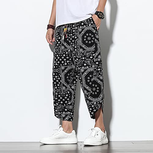 Men Harem Pants Cotton Linen Printed Loose Elastic Waist Streetwear Trousers2