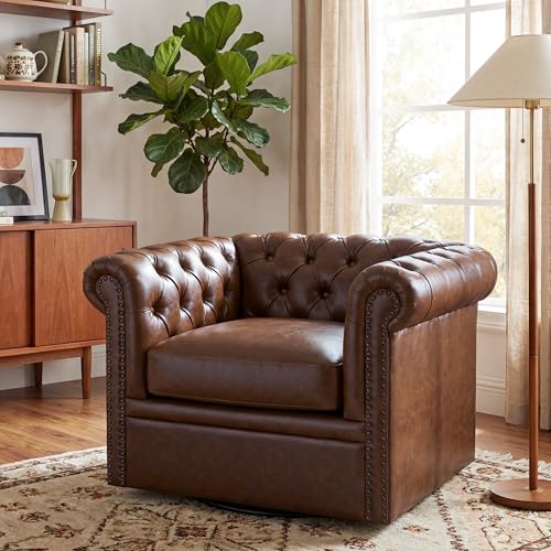 Christopher Knight Home Oakley Chesterfield Faux Leather Upholstered Club Chair, Button-Tufted 360° Swivel Sofa, Scrolled Arm Living Room Sofa, No Assembly Required Furniture, Dark Brown