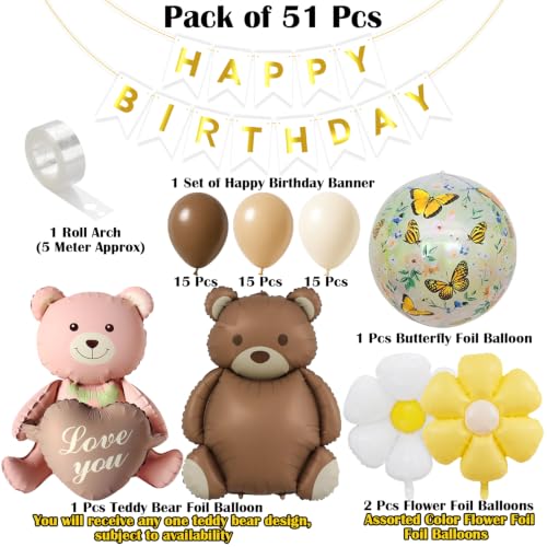 Image of Teddy Theme Birthday Decoration Kit with Teddy Foil Balloon, Butterfly and Flower Foil Balloons, Happy Birthday Banner and Latex Balloons for Party Decoration Set of 51 Pcs