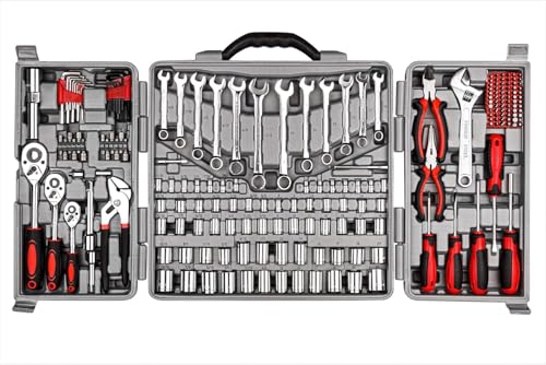 CARTMAN 205 Piece Ratchet Wrench Tool Set,1/4" & 3/8" & 1/2" Drive with SAE/Metric Sockets Kit in Plastic Toolbox