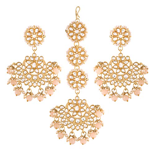 I Jewels 18K Gold Plated Indian Wedding Bollywood with Stunning Matte Finish Kundan & Faux Pearl Chandbali Earrings with Maang Tikka Set (TE2863Pe)