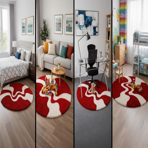 Image of Vintage Threads (Red 3D 4x4 Ft Shaggy Carpet for Living Room & Bedroom | Ultra Soft Plush Long Pile Rug | Thick Fluffy 3D Modern Floor Carpet | Cozy Luxury Home Decor Rug