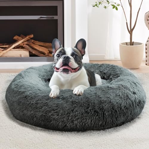 Image of JOLLYVOGUE Calming Dog Beds Large Sized Dog, 36in Donut Washable Large Pet Bed, Anti-Slip & Anti-Anxiety Fluffy Faux Fur Round Dogs Bed, Fits up to 80 lbs Pets (Navy Grey)