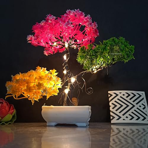 Image of Fake Bonsai Plant Tree with LED, Artificial Plant Indoor Potted Houseplant | Faux Bonsai for Home Decor, Parties, and Festivals (24cm, Colorful Foliage)
