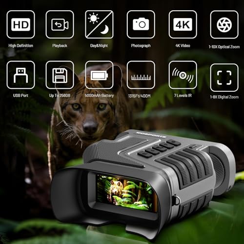 Image of WOSPORTS 4K Night Vision Goggles - 16MP Photo, up to 80x Magnification, 10X Optical & 8X Digital Zoom, 1015FT Vision, 3 inch Screen, 5000mAh Rechargeable Battery, Outdoor Camping, Survival, Gift for Men