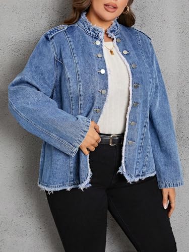 LifeShe Women's Denim Jacket Plus Size Double Breasted Button Raw Trim Jean Jackets Coat3