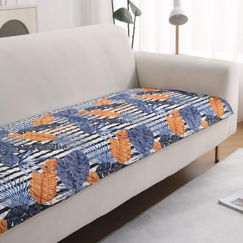 Image of HOKIPO 'LiefNest' Holland Velvet Sofa Cover Mat with Foam Filling for 1 /2 /3 Seater & L-Shape Sofa. Make Your Own Sofa Cover Set, Mat Size: 60(L) cm, Tropical Leaves Dusk Blue (IN-821-D5)