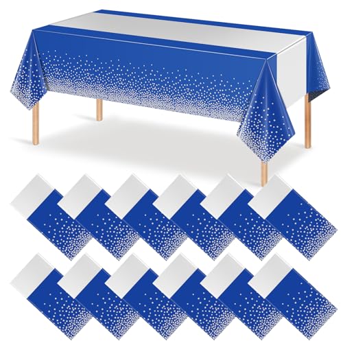 Image of 12Pcs Blue Silver Tablecloth Party Decorations,Plastic Royal Blue Table Cloth Printed Silver Table Runner Disposable Rectangle Tables Cover for Anniversary Wedding Graduation 2024 Party,54 x108 Inch