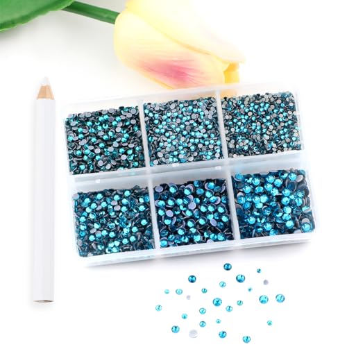 Image of Bymitel Hotfix Crystal Rhinestones Round Gems for Crafts,Mixed 6 Sizes with Wax Pencil Kit, Blue Zircon 1.3-3.2mm(SS3-SS12 /8000pcs)