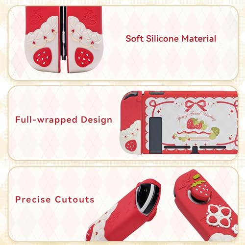 GeekShare Protective Case for Switch Slim Cover Case Compatible with Switch Separable Soft Silicone Protective Shell for Joy Con with 2 Thumb Grip Caps- Strawberries with Cream - Image 4