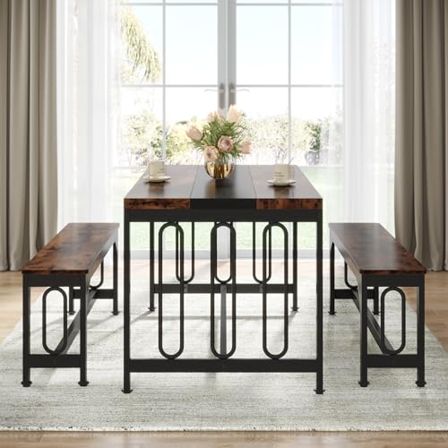 ترايب ساينز طقم طاولات طعام من 3 قطع لـ 4-6، طاولة مطبخ 140 سم مع مقعدين، طقم طاولة عشاء موفر للمساحة للمنزل وغرفة الطعام والمطعم، بني ريفي