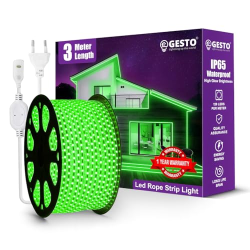 Image of Gesto 3 Meter Rope LED Strip Lights | 120 LED /Mtr Waterproof Outdoor Lights for Balcony, Home Decor, Cove Light for False Ceiling | Flexible, Cuttable Strip Light for Diwali Decoration - Green