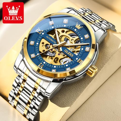 Image of OLEVS Mens Automatic Watch Skeleton Diamond Luxury Mechanical Self Winding Dress Wrist Watch Waterproof Luminous