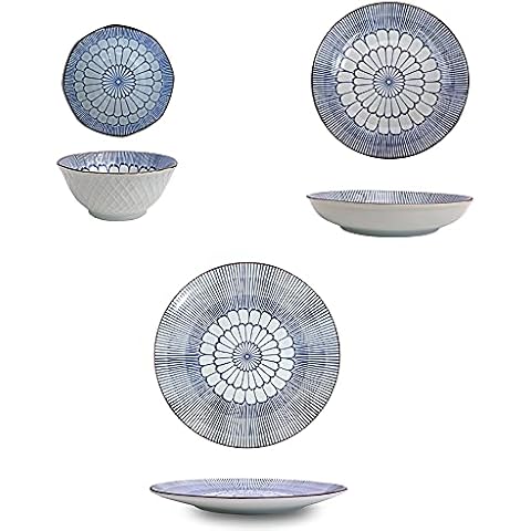 Ablerhome Decoration Set of 3 Ceramic Floral Geometric Dinnerware Japanese Style Crockery Pieces Side Dish Serving Buffet Sushi Platter Tableware Kitchen Accessories Blue New Gift (Mixed Set) Cover