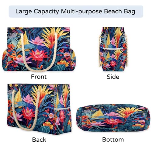 Colorful Floral Large Beach Bags for Women with Zipper Beach Tote Bag Waterproof Sandproof Gym Swim Pool Grocery Travel Bag4