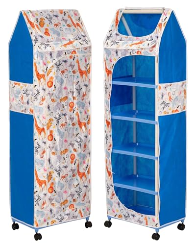 Image of HYSEYY Baby Wardrobe Plastic Kids Storage Rack with Fabric Cover & Wheels | 6-Tier Plastic Shelves Organizer | Toy, Book & Clothes Storage Cabinet for Kids Room (Animal Pattern)