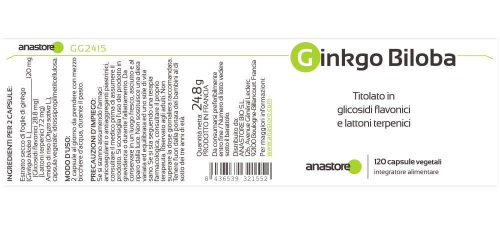 GINKGO BILOBA * 60 mg / 120 capsule * Titolato al 24% min. di flavoni glicosidi e al 6% min. di lattoni terpenici