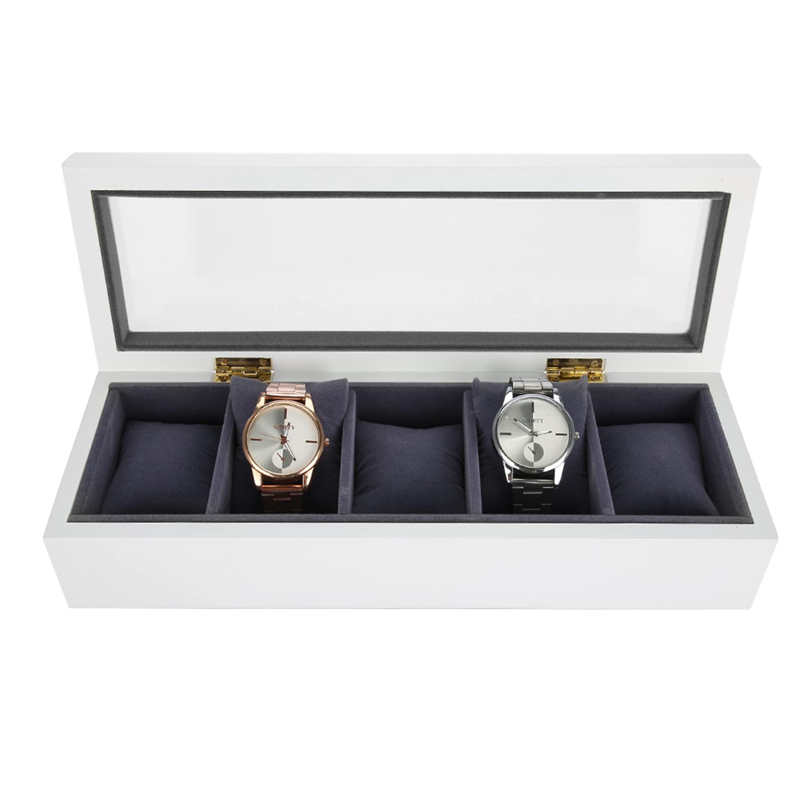 Cyrank Uhrenbox mit 5 Fächern, Holz-Uhrenvitrine mit Glasdeckel, Uhrenbox für Männer und Frauen(Weiß)