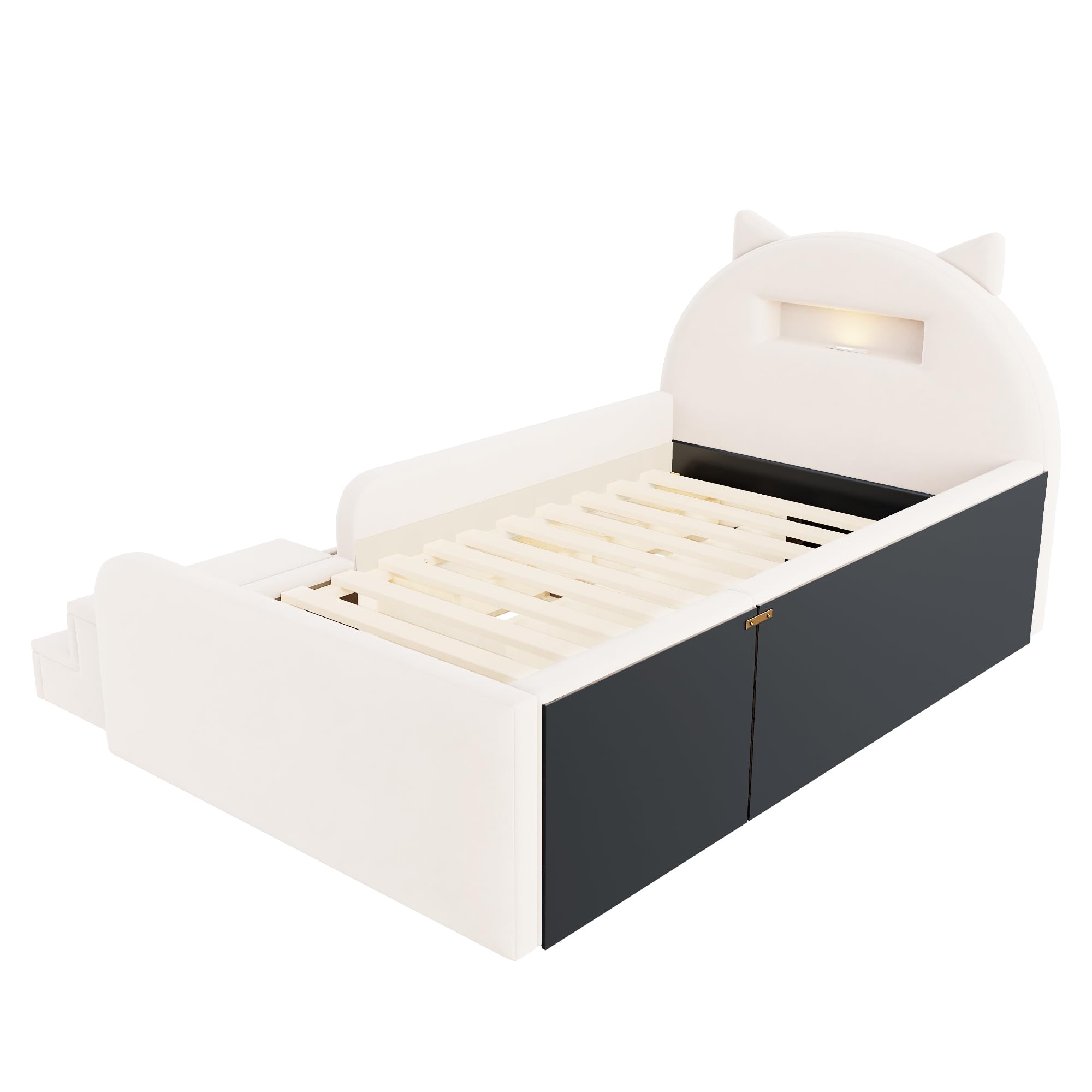 Merax Polsterbett Kinderbett 90x200 cm mit Ohren-Kopfteil, Nachtlicht, USB, Stufensitz & Schubladen – Beige (Ohne Matratze)