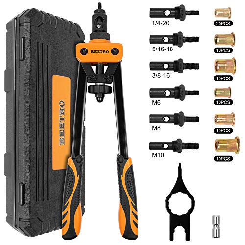 BEETRO 14’’ Rivet Nut Tool, Professional Hand Rivet Nut Gun, with 7 Metric & Inch Mandrels 70pcs Rivet Nuts, Including Wrench and Two Lock Pins