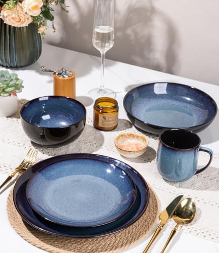 Image of LERATIO Ceramic Dinnerware Sets for 4,16-Piece Reactive Glaze Plates and Bowls Set with Mugs,Highly Chip and Crack Resistant | Dishwasher,Microwave & Oven Safe Dishes set-Blue
