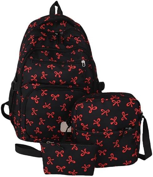 Bow Backpack for Women Coquettes Aesthetic Nylon Rucksack Cute Kawaii Backpack 3Pcs Set With Bow Pattern Red