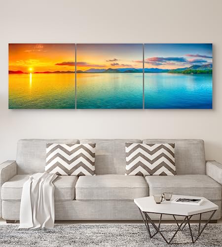 Beach Wall Art Decor - Sunset Ocean Wall Art 24X72 - Large Panoramic Beach Art Ocean Canvas Wall Art - 3 Piece Canvas Wall Art Print- Tropical Sea Ocean Picture For Wall, Living Room, Bedroom & Office #TOP3