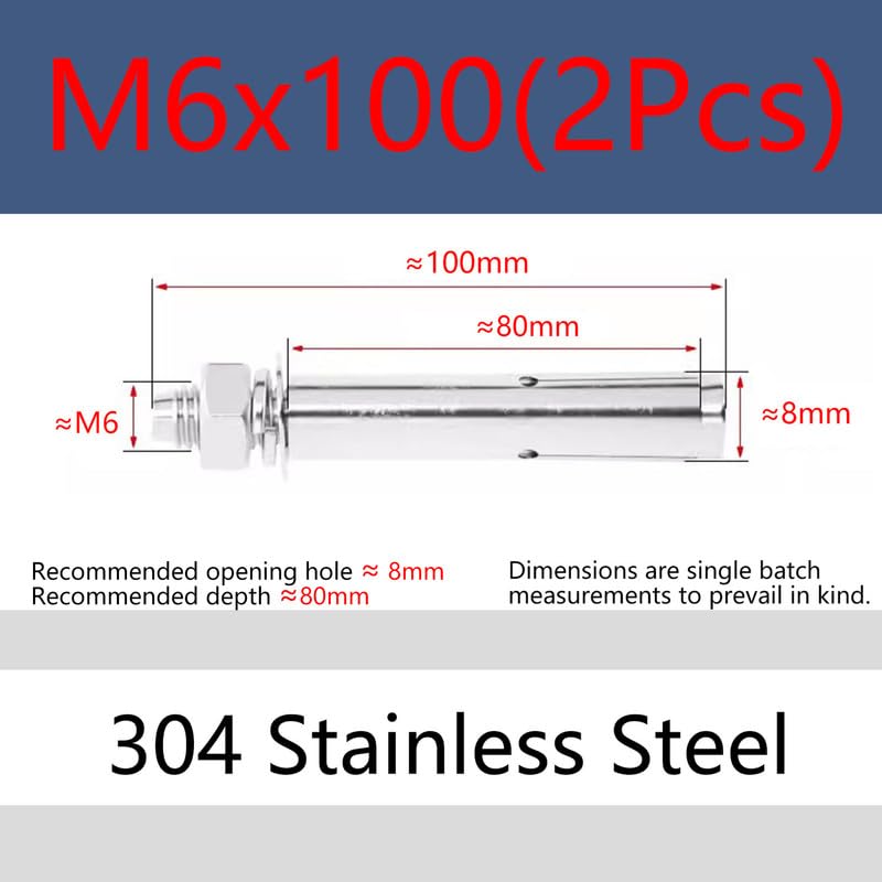 MOOPW Stainless Steel 304 Expansion Bolts for Concrete Wall Fixing Anchor Bolt External Expansion Tube Pull Explosion Screws M6 x 100mm 2 Pcs