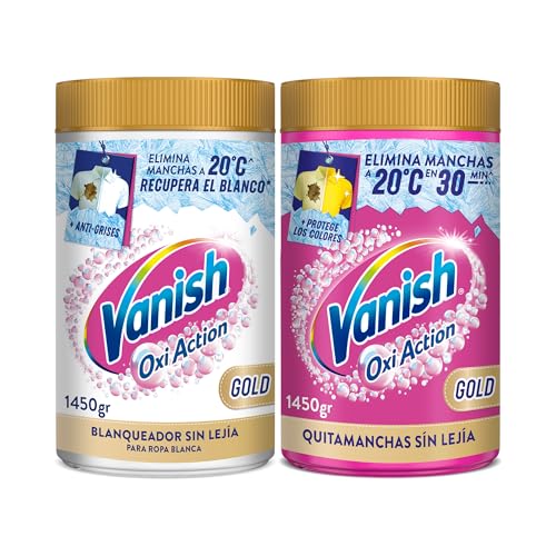 Vanish Oxi Action Gold - Quitamanchas multibeneficio, blanqueador y potenciador del lavado, para ropa blanca y de color, En Polvo, Sin Lejía - Pack Mixto 2 x 1,45kg (2,9Kg)