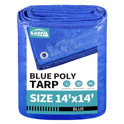 TARPAL 14x14 feet Blue tarp 8mil Medium Duty tarps Waterproof Tear Resistant with Metal Grommets Suitable for Outdoor Tent Emergency rain Cover Floor tarp and Other uses.