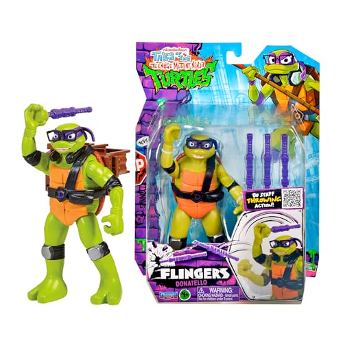 TORTUGAS NINJA Deluxe Flingerz Donatello, Figura de Acción de 15 cm con Sonido, Articulada, Lanza su Arma, Incluye hasta 3 Armas con Almacenamiento en Mochila, +4 años, Famosa (T0211300)