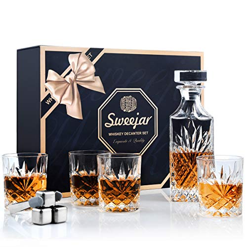 Best Seller Sweejar Whiskey Decanter Set w/Glass Drink Tumblers (5-Pcs) Bourbon, Scotch, Brandy, Rum, Liquor  Lead-Free Crystal 