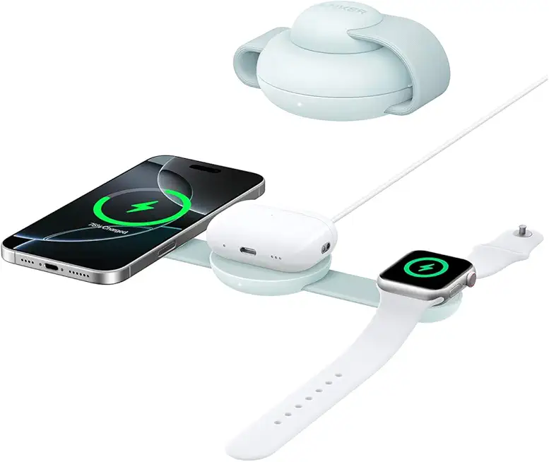 Anker MagGo 3-in-1 Kabellose Ladestation (mit EU/US/UK Stecker), MagSafe-Kompatibles Qi2-Zertifiziertes 15W Ladegerät, Faltbares Reise-Ladepad für iPhone 16/15, AirPods, Apple Watch (Keine Powerbank)