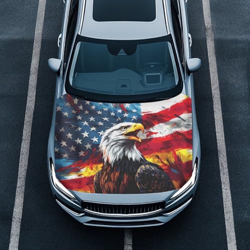 Image of American Flag Eagle Print Car Hood Cover Protector Waterproof Sunproof Car Hood Wrap Blankets Patriotic Decorations Automotive Exterior Accessories for Sedans SUV Pickup Trucks
