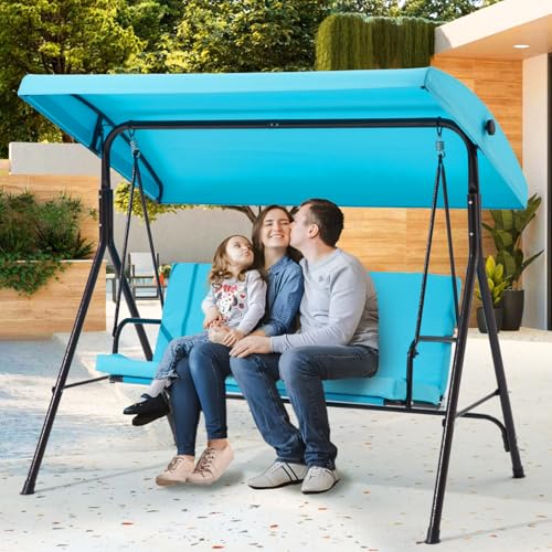 Image of 3 Seat Patio Swing, Outdoor Swing with Removable Cushions, Porch Swing with Adjustable Canopy for Backyard, Porch, Garden,Fabric Seat,(Lake Blue)