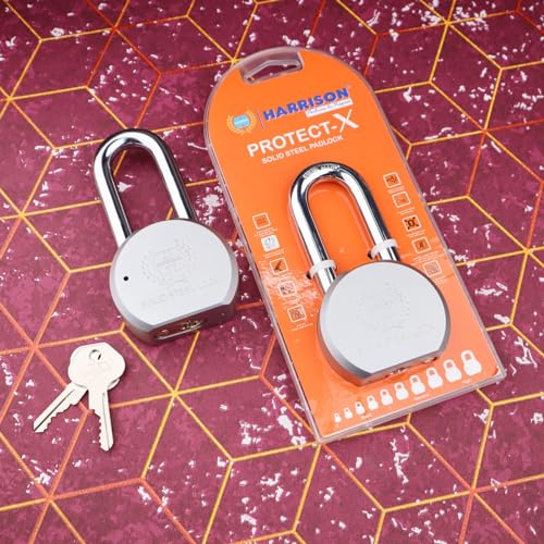 Image of Harrison Padlocks /Round Long Shackle Padlock 65mm with 3 Brass Keys ST0949 Pack of 1 / Solid Steel Material /Bright Chrome Plated Finish /Door Lock, Shutter Lock, Godown Lock, Container Lock